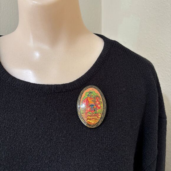 Russian Mctepa Mstera Lacquer Brooch Hand Painted Oval Pin Signed 70s Vintage - Picture 1 of 4